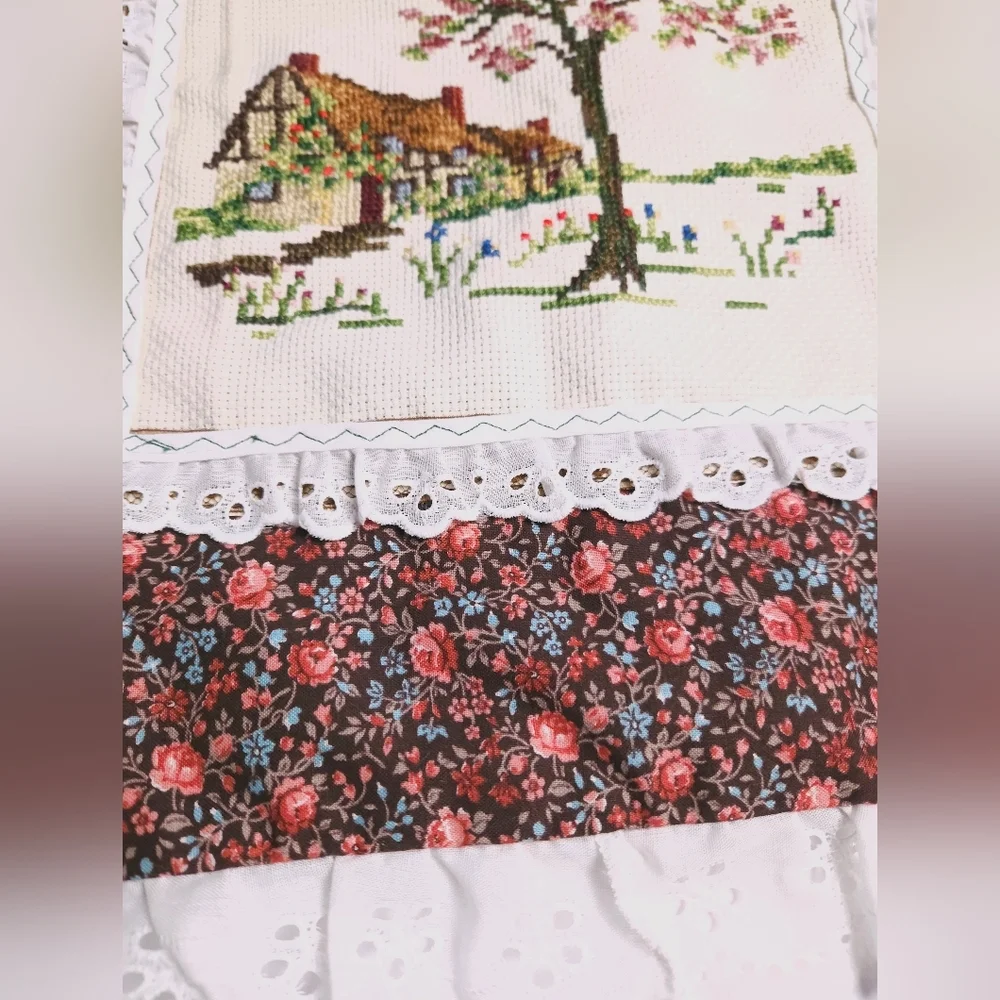 Vintage Embroidered Cross Stitch Lace Pillowcase Spring Cottage 13x13 Handmade
